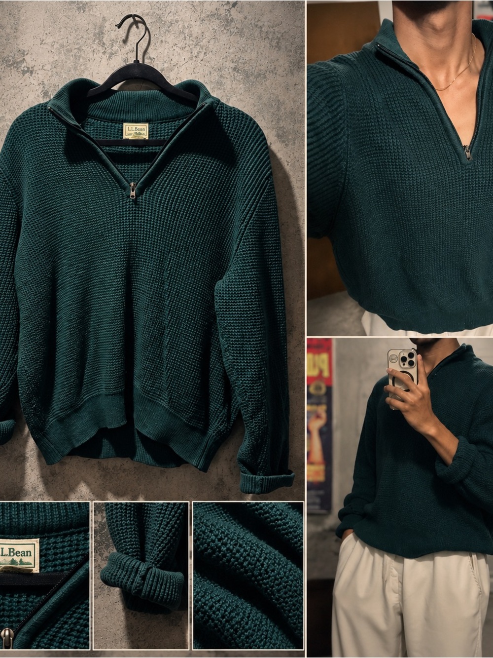 L.L. Bean Deep Teal Waffle Knit Half-Zip Sweater